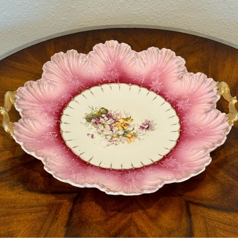 Antique Pink Floral Porcelain Decorative Cake Plate with Handles 12” - Picture 8 of 12